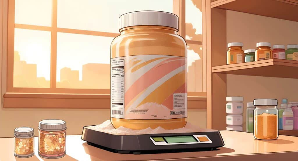 Pot de créatine sur une balance pour le dosage journalier