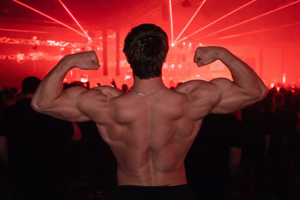 Gormiti qui montre ses muscles en soirée techno