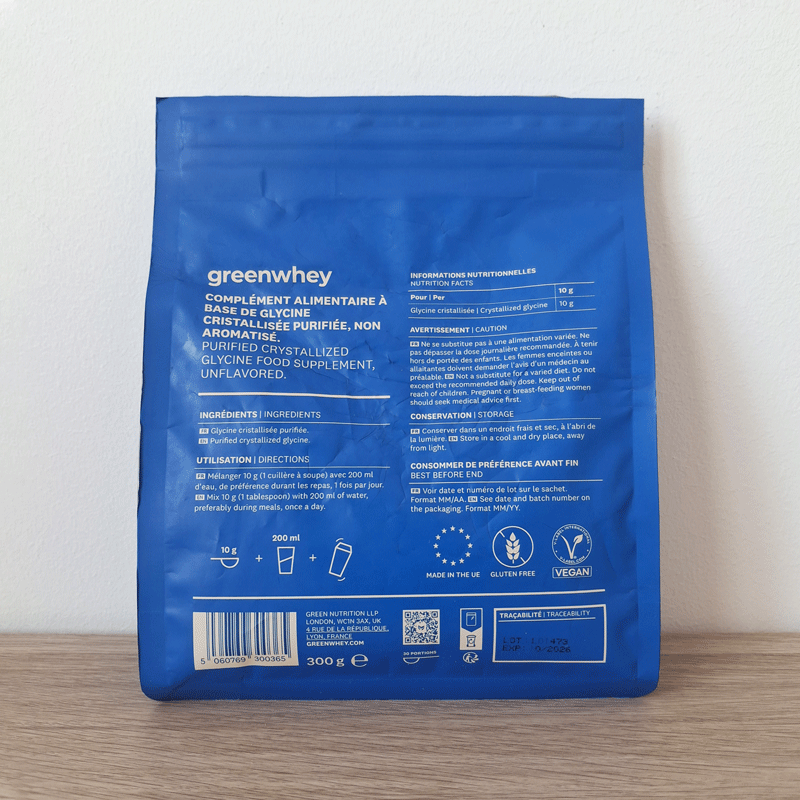 Photo de l'arrière du sachet de la glycine Greenwhey avec les détails de composition