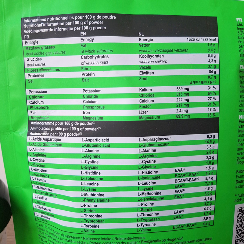 Photo de l'étiquette de composition sur le sachet de la whey Harder vendue par Fitness Boutique